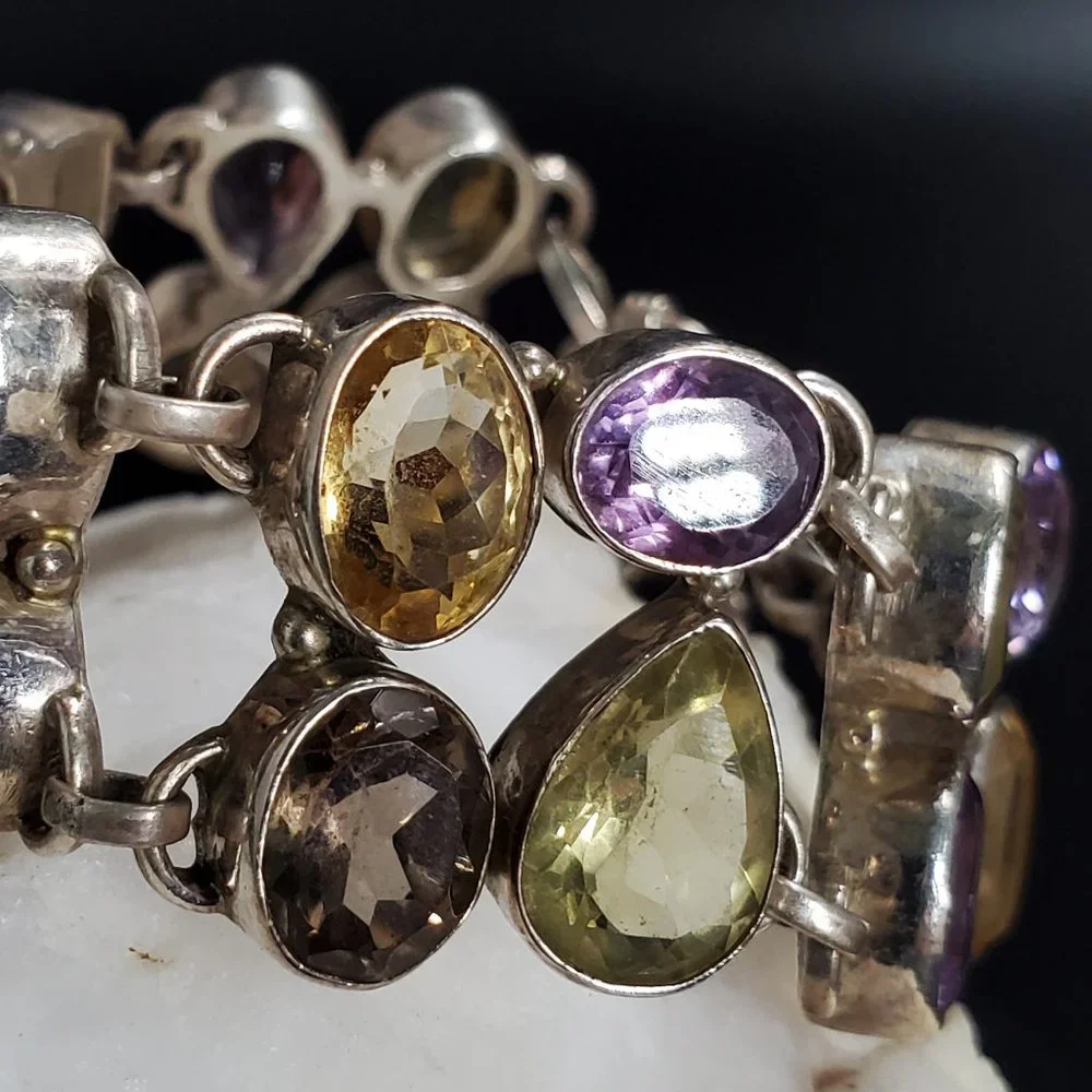 Heavy Sterling Silver Bracelet 925 Genuine Gem Amethyst Citrine Chocolate Topaz